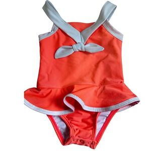 Lullaby Set Baby Girls Coral Orange White Bow Ruffle One Piece Swimsuit 18M NWT